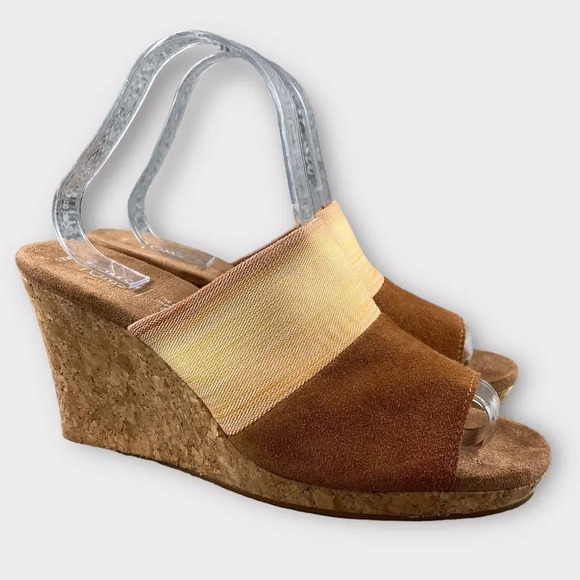 TOMS MONICA Mule Wedge Sandals Womens 8.5 Suede Slip on Tan Brown Elastic Fabric - Picture 1 of 16